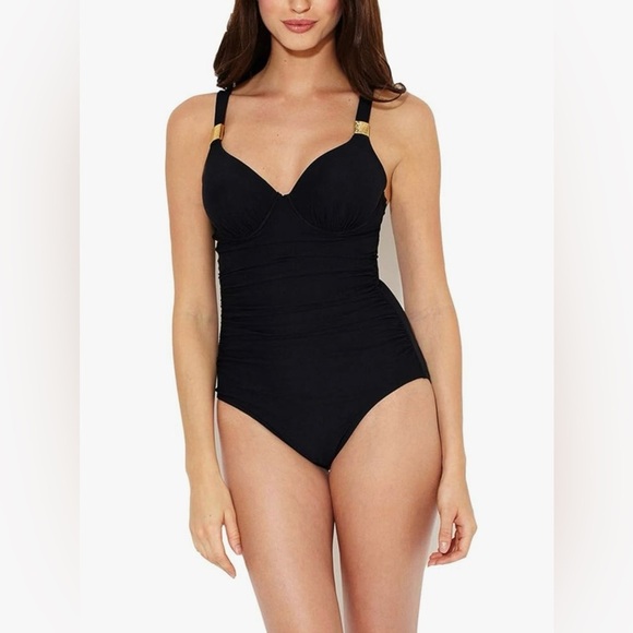 SPANX Black Let's Go Slimming Riveting Ruched One Piece Swimsuit Size 10 B/C - Picture 1 of 12